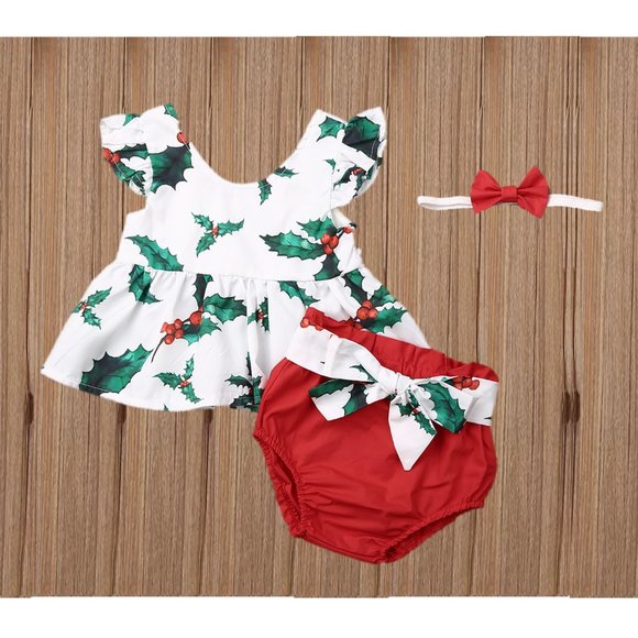 Baby Girl Christmas Outfit Clothes Dress Holly Berry Top Diaper Cover - Picture 2 of 3